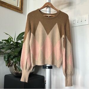 A Loves A Wool Blend Balloon Sleeves Sweater Sz M Neutral Crew Brown Tan Diamond
